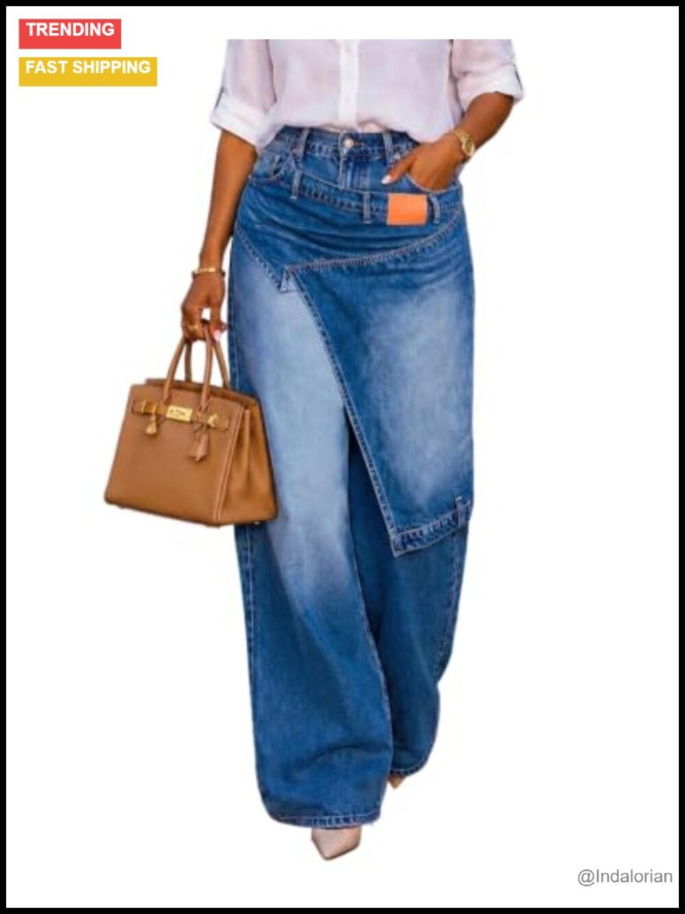 High Waist Wide Leg Patchwork Denim Jeans Asymmetrical Wrap Skirt